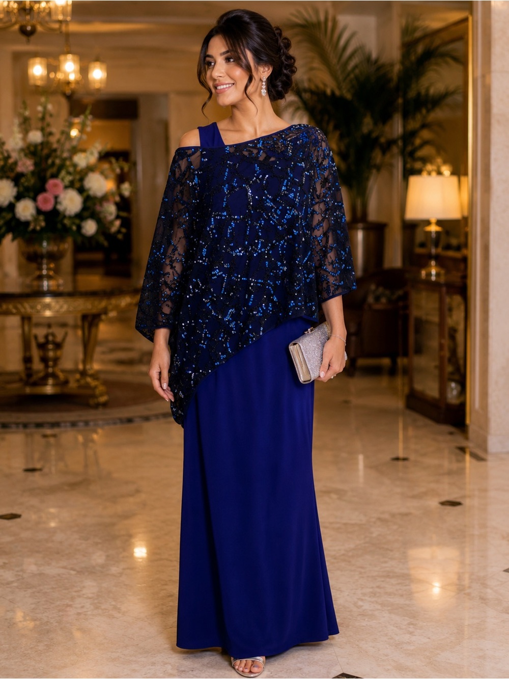 Elegant Navy Blue Evening Dress with Beaded Overlay 2 piece